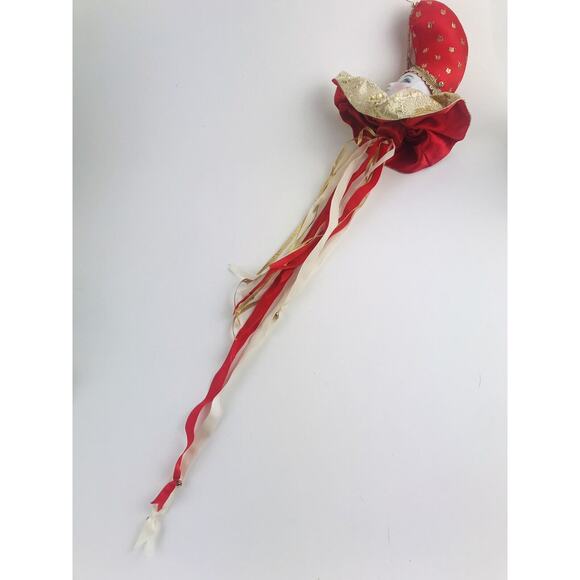 Porcelain Face COURT JESTER Ornament Cushion Ribbon Gold Red Clown Pink Cheeks - Picture 5 of 8